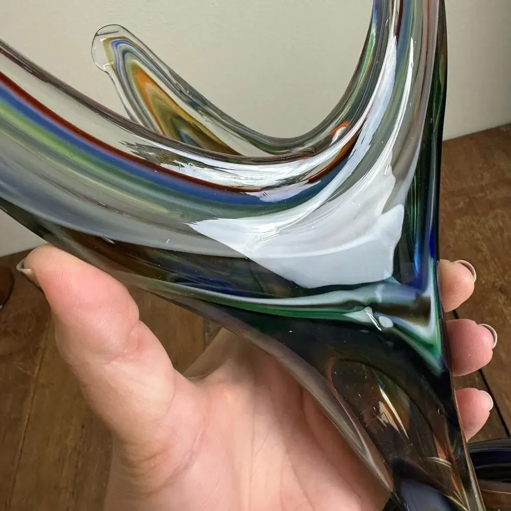 MCM Vintage Blue Green Murano‎ Style Stretched Serpentine Vase Blown Art Glass - Picture 9 of 9